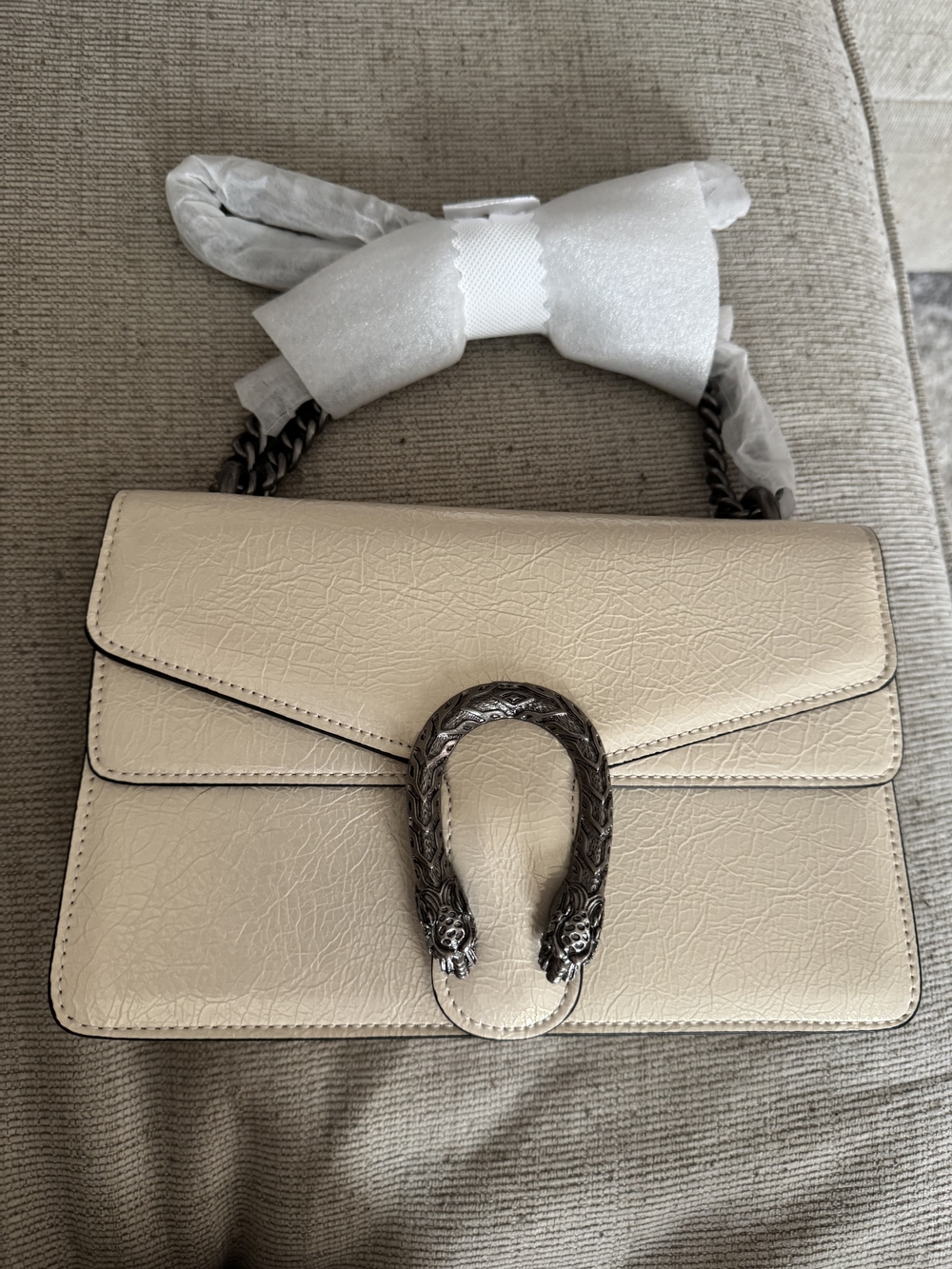 Cream Leather Crossbody Bag with Silver Accent